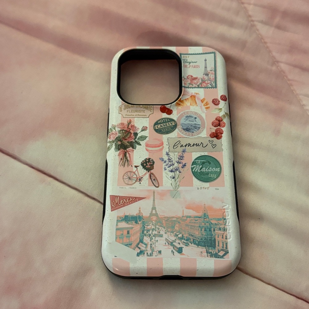 iPhone 14 Pro Casely Paris Pink and White Patterned Phone Case
